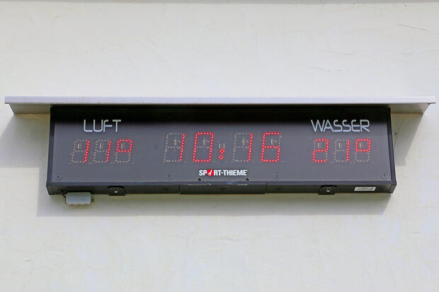 Die Temperatur-Anzeige für Luft und Wasser am heutigen 1. Mai um 10.16 Uhr. Gesponsert wurde die neue Anzeigetafel vom Freibad-Förderverein und von der Sparkasse SoestWerl. FOTO: ANDREAS DUNKER