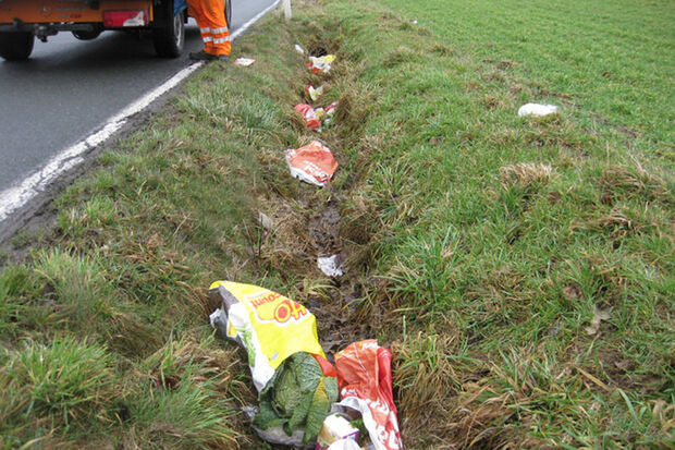 Die Kreisstraße 26 bei Ense-Lüttringen entpuppt sich bei der Frühjahrputz-Aktion des Kreis-Baubetriebshofes regelmäßig als besondere Problemzone: Müll säumt hier den Straßenrand. FOTO: HARTWIG THIELE / KREIS SOEST